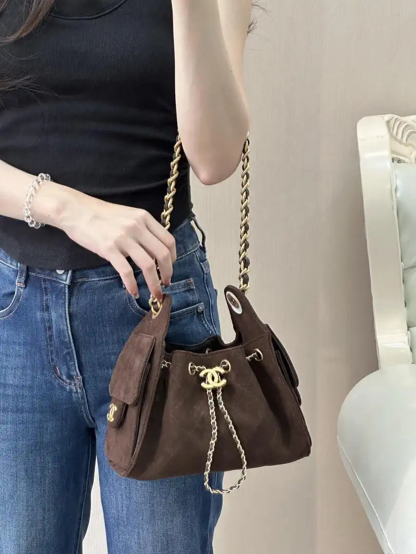Chanel AS5631 Mini Hobo Suede & Gold-Tone Metal Coffee Brown