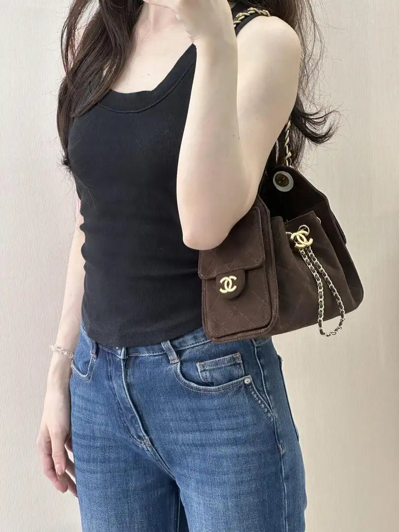 Chanel AS5631 Mini Hobo Suede & Gold-Tone Metal Coffee Brown