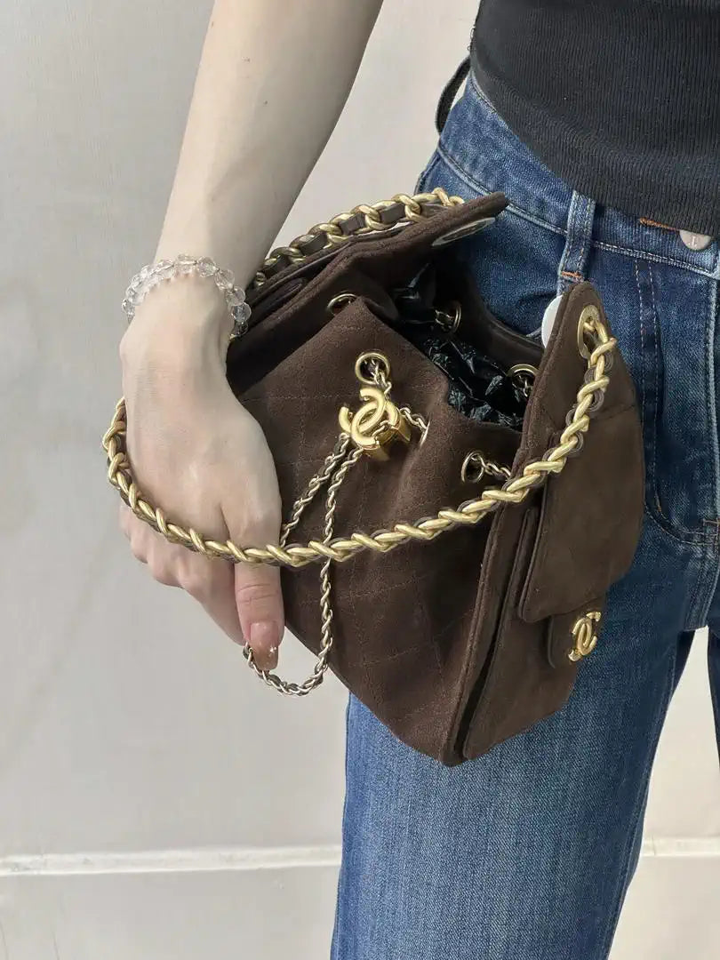 Chanel AS5631 Mini Hobo Suede & Gold-Tone Metal Coffee Brown