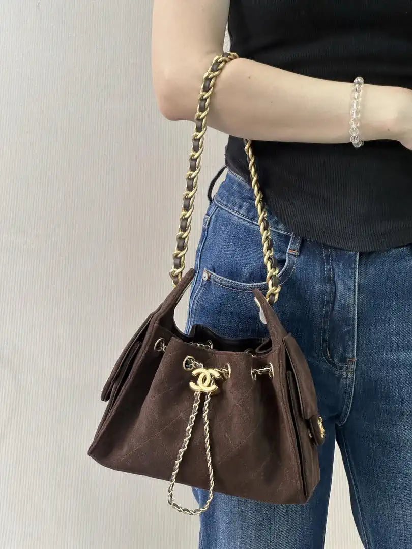 Chanel AS5631 Mini Hobo Suede & Gold-Tone Metal Coffee Brown