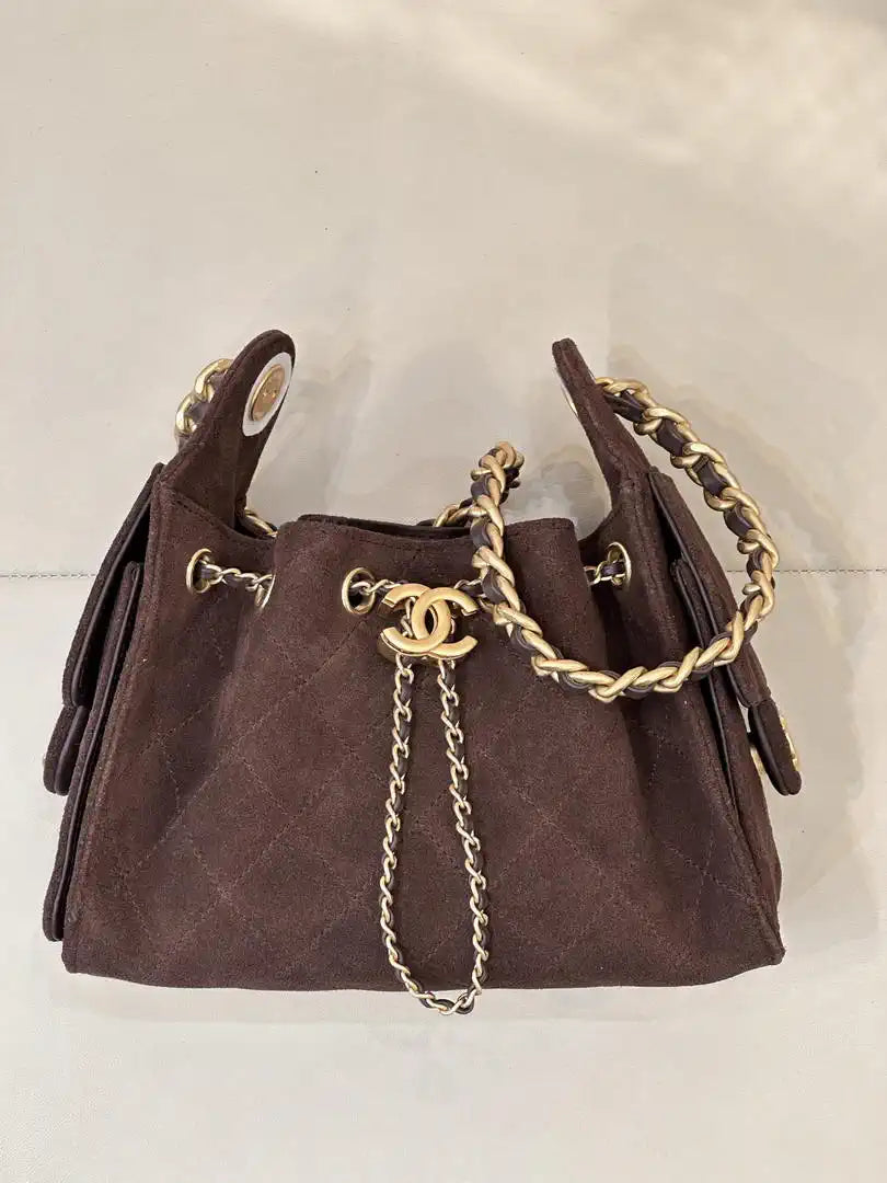 Chanel AS5631 Mini Hobo Suede & Gold-Tone Metal Coffee Brown