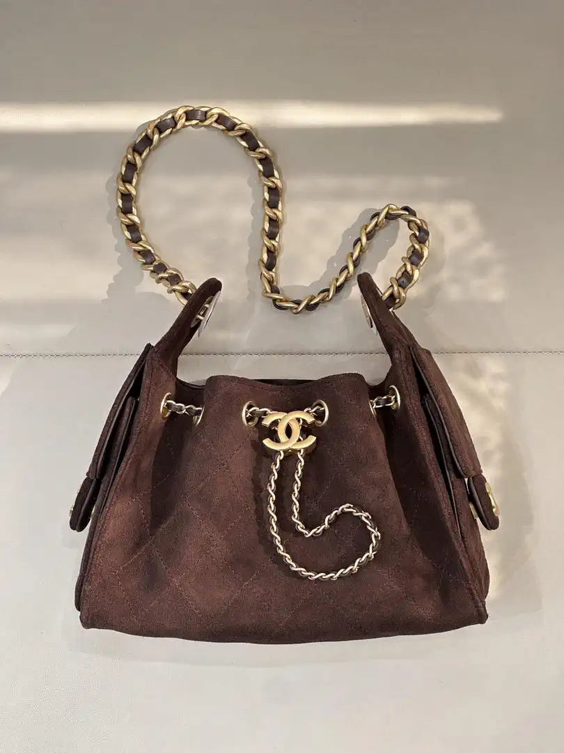 Chanel AS5631 Mini Hobo Suede & Gold-Tone Metal Coffee Brown