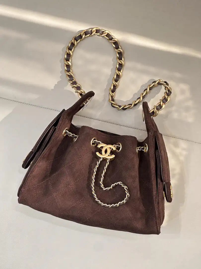 Chanel AS5631 Mini Hobo Suede & Gold-Tone Metal Coffee Brown
