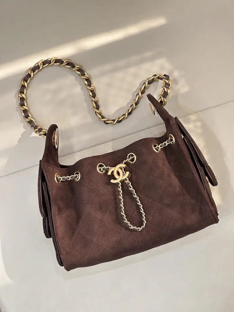 Chanel AS5631 Mini Hobo Suede & Gold-Tone Metal Coffee Brown