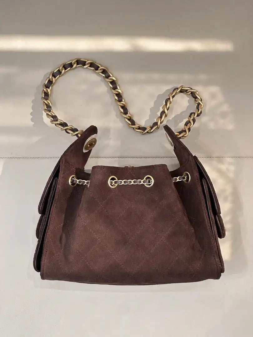 Chanel AS5631 Mini Hobo Suede & Gold-Tone Metal Coffee Brown