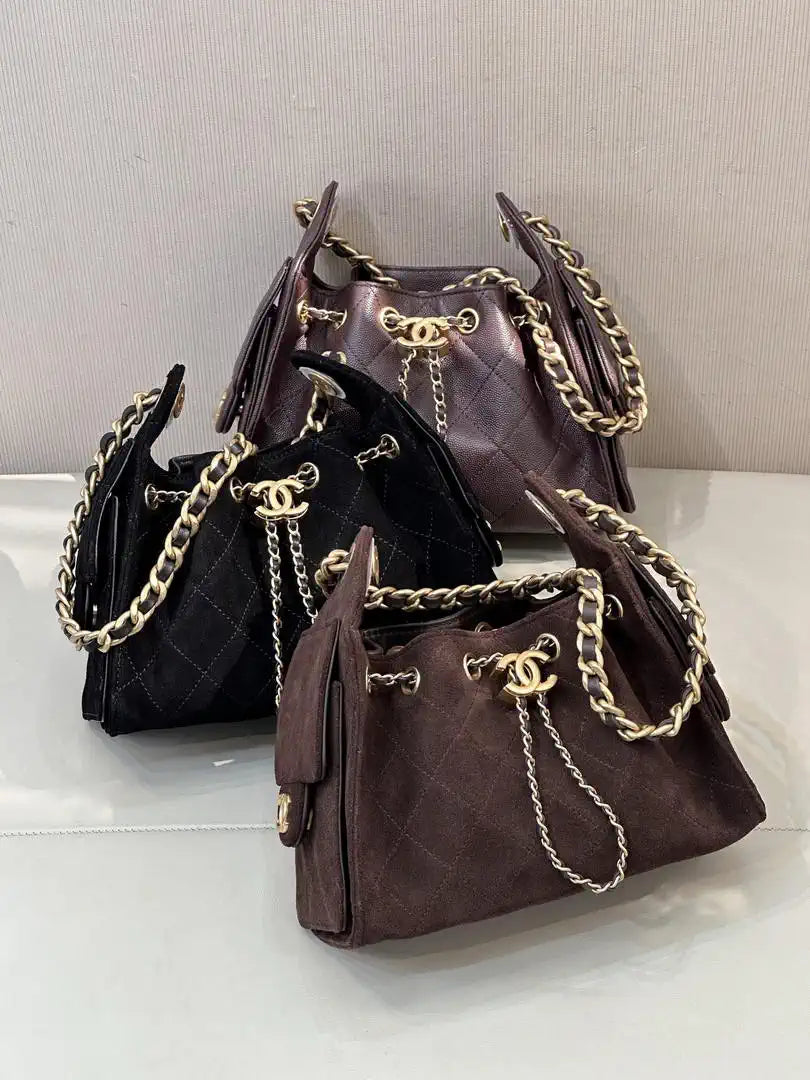 Chanel AS5631 Mini Hobo Suede & Gold-Tone Metal Coffee Brown