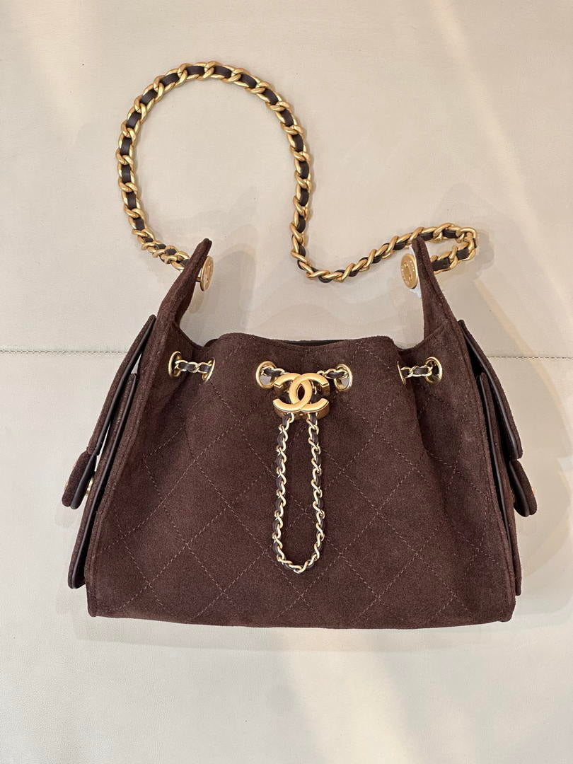 Chanel AS5631 Mini Hobo Suede & Gold-Tone Metal Haze Dark Brown