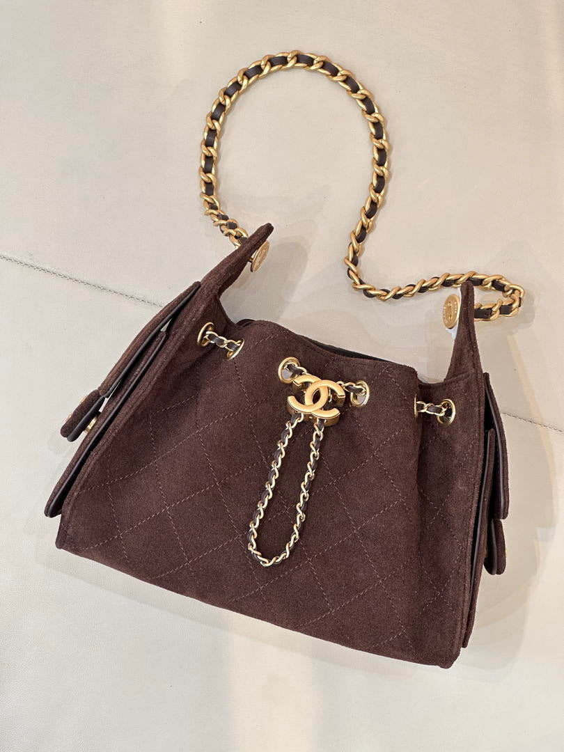 Chanel AS5631 Mini Hobo Suede & Gold-Tone Metal Haze Dark Brown
