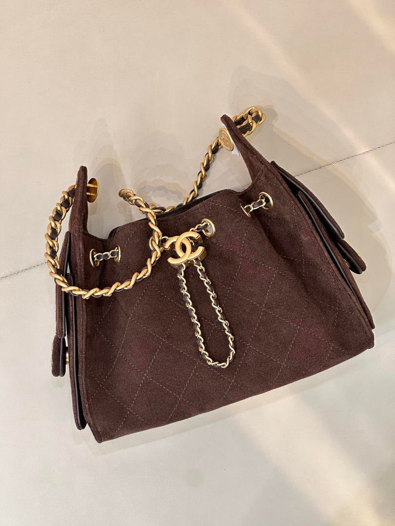 Chanel AS5631 Mini Hobo Suede & Gold-Tone Metal Haze Dark Brown