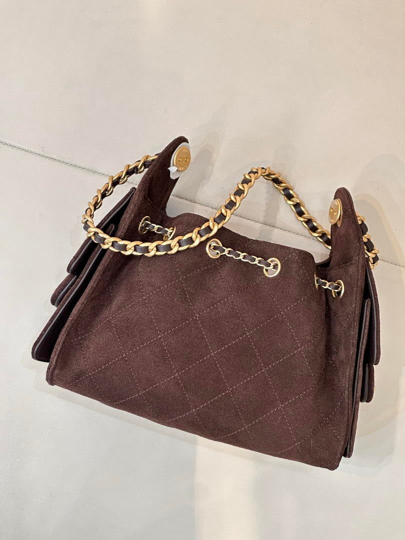 Chanel AS5631 Mini Hobo Suede & Gold-Tone Metal Haze Dark Brown
