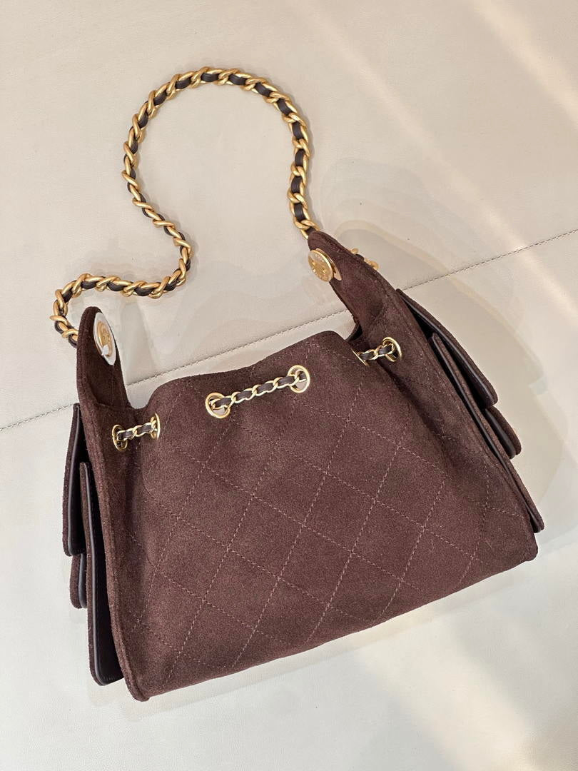 Chanel AS5631 Mini Hobo Suede & Gold-Tone Metal Haze Dark Brown