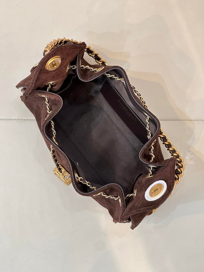Chanel AS5631 Mini Hobo Suede & Gold-Tone Metal Haze Dark Brown