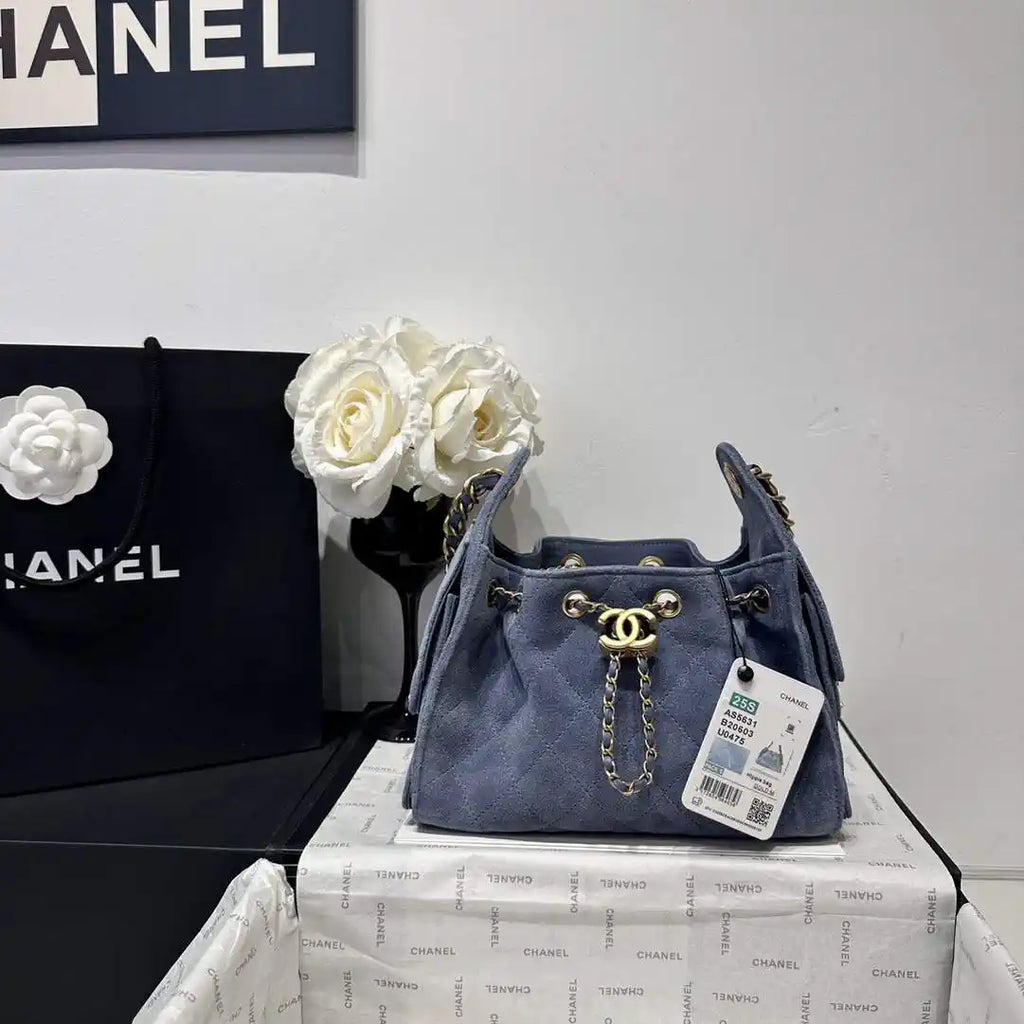 Chanel AS5631 Mini Hobo Suede & Gold-Tone Metal Gray Blue
