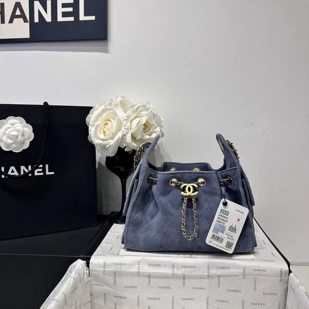 Chanel AS5631 Mini Hobo Suede & Gold-Tone Metal Gray Blue