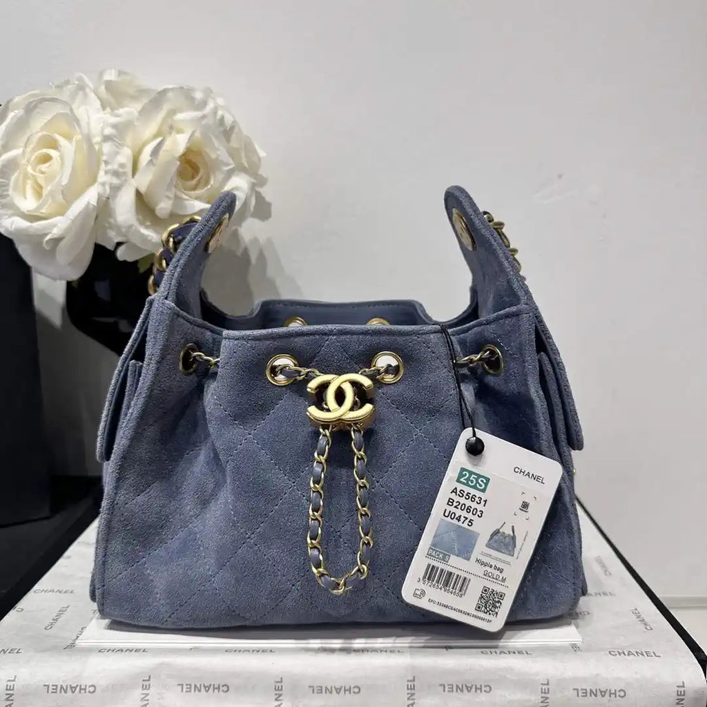Chanel AS5631 Mini Hobo Suede & Gold-Tone Metal Gray Blue