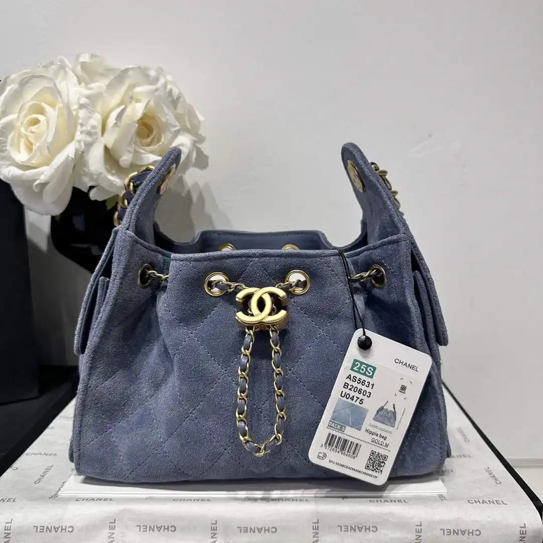 Chanel AS5631 Mini Hobo Suede & Gold-Tone Metal Gray Blue