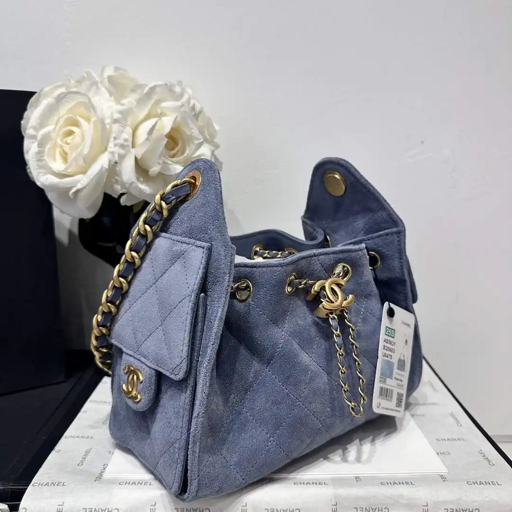 Chanel AS5631 Mini Hobo Suede & Gold-Tone Metal Gray Blue