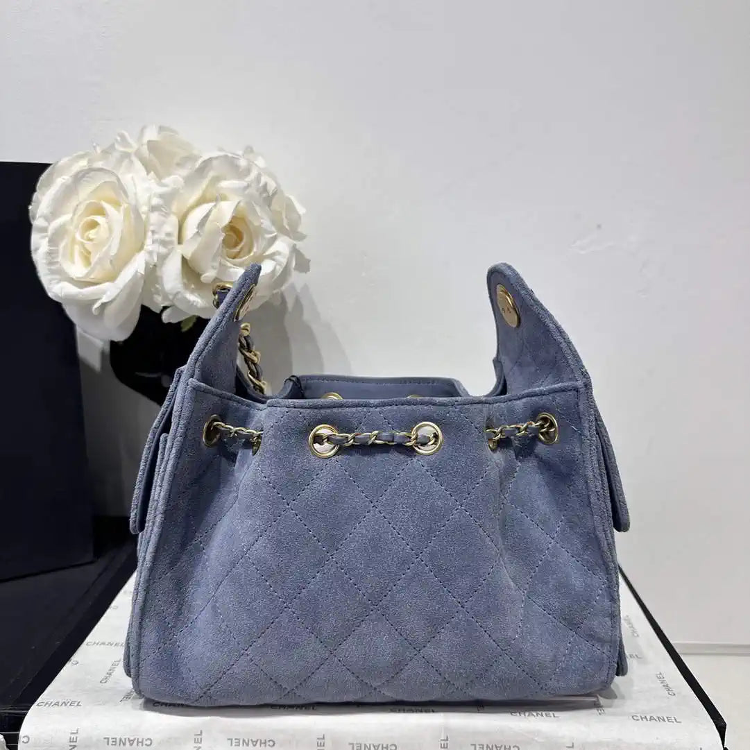 Chanel AS5631 Mini Hobo Suede & Gold-Tone Metal Gray Blue