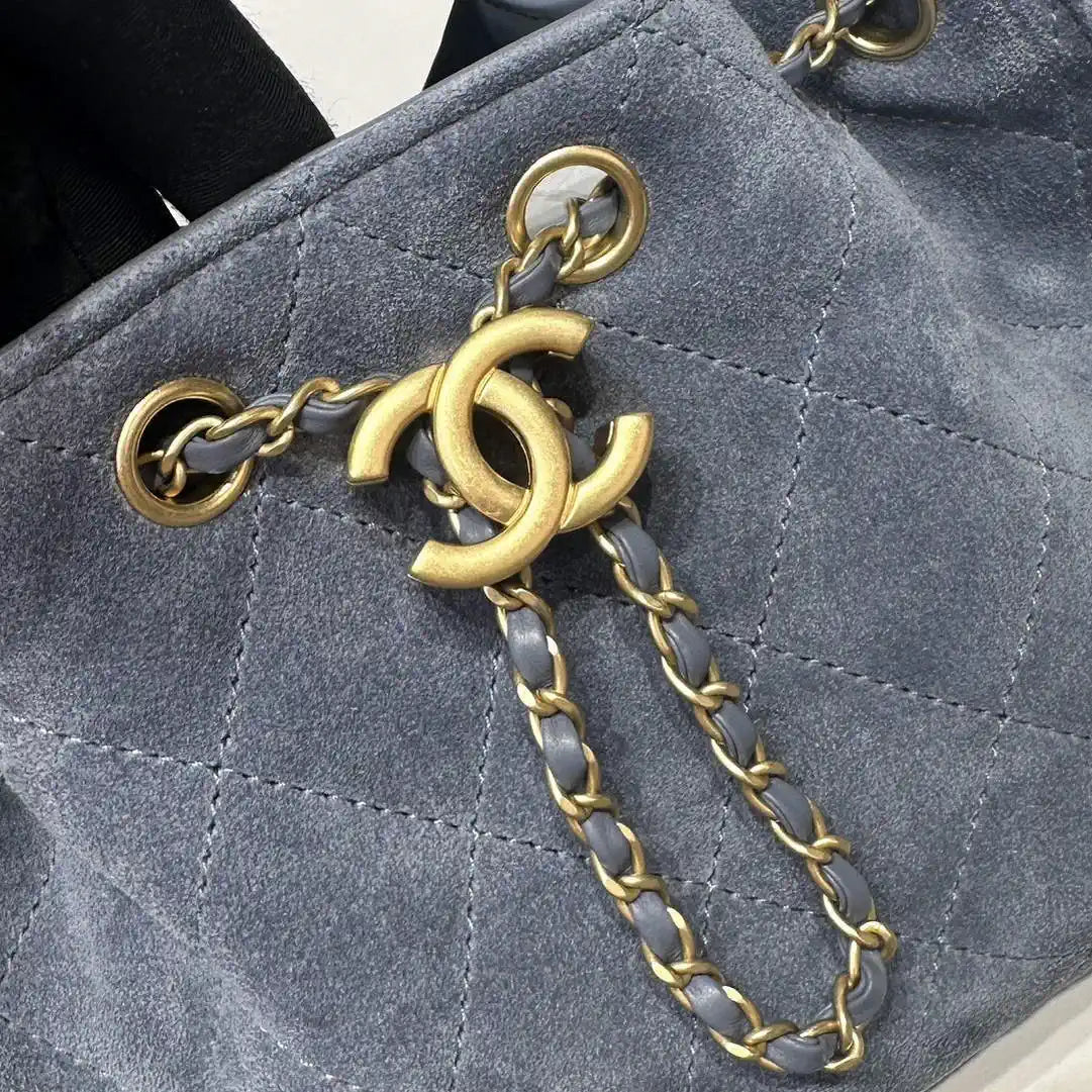 Chanel AS5631 Mini Hobo Suede & Gold-Tone Metal Gray Blue