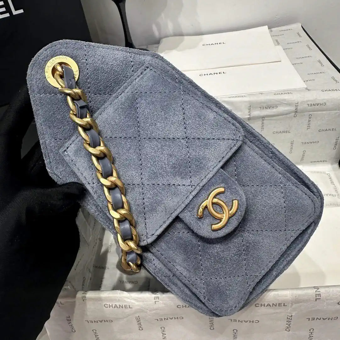 Chanel AS5631 Mini Hobo Suede & Gold-Tone Metal Gray Blue