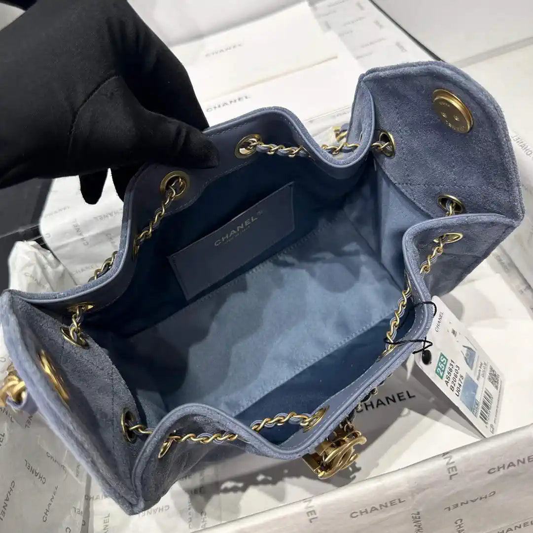 Chanel AS5631 Mini Hobo Suede & Gold-Tone Metal Gray Blue
