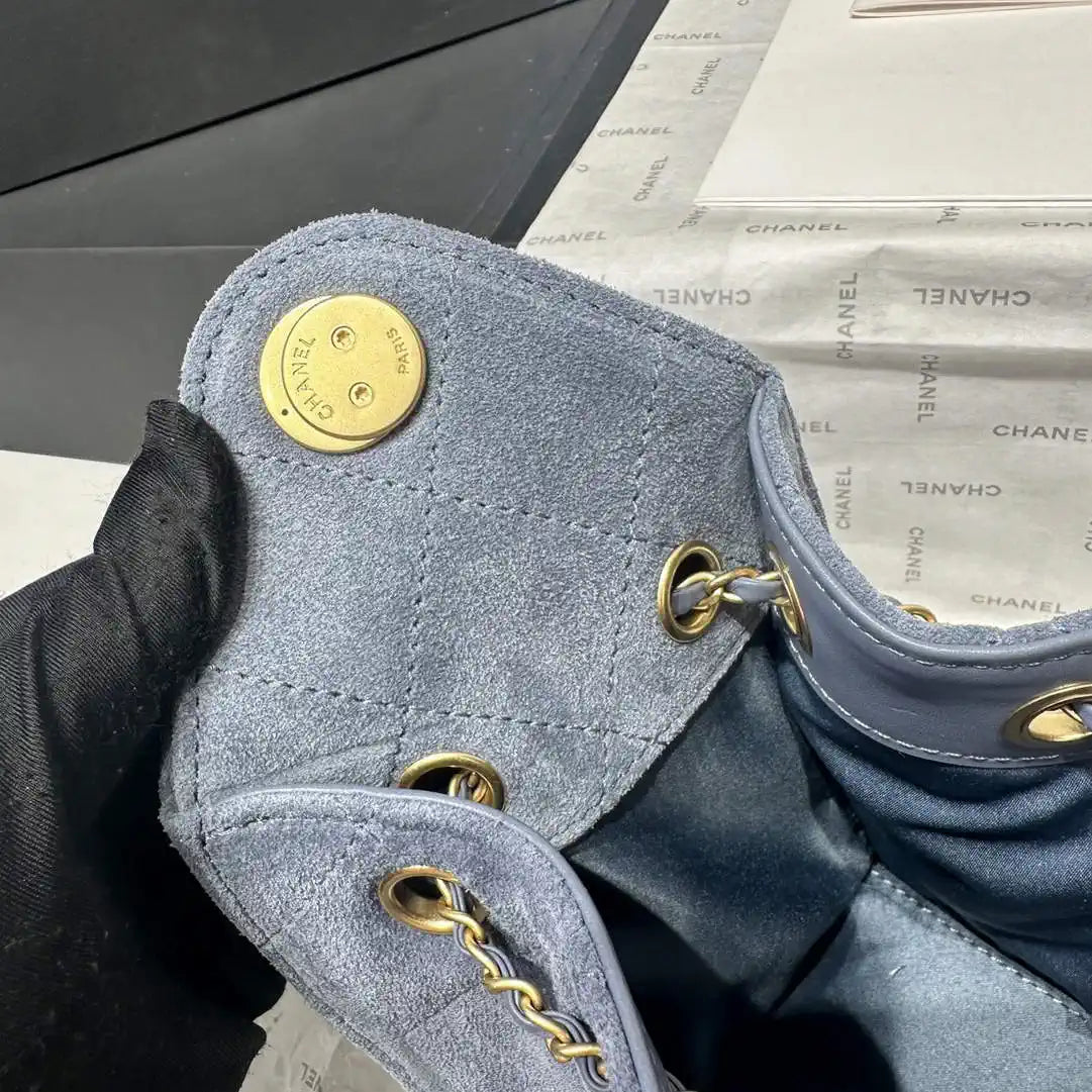 Chanel AS5631 Mini Hobo Suede & Gold-Tone Metal Gray Blue