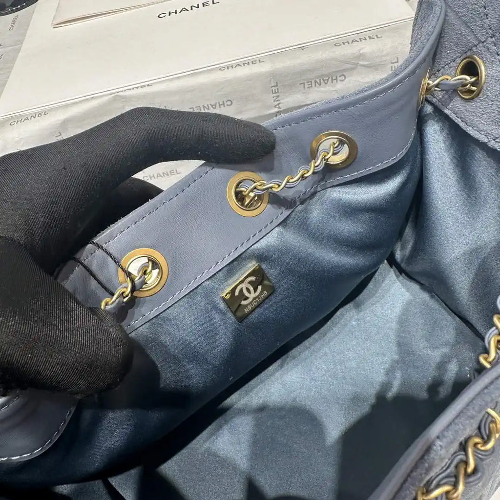 Chanel AS5631 Mini Hobo Suede & Gold-Tone Metal Gray Blue