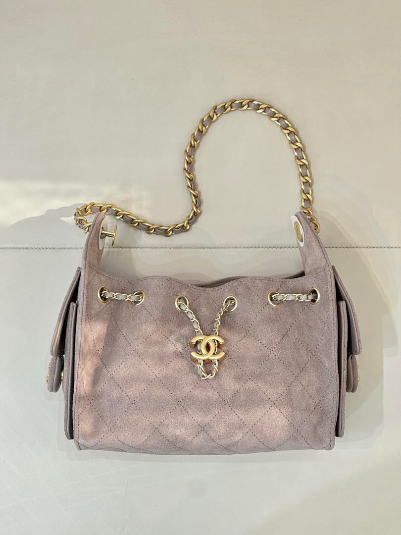 Chanel AS5631 Mini Hobo Suede & Gold-Tone Metal Haze Gray