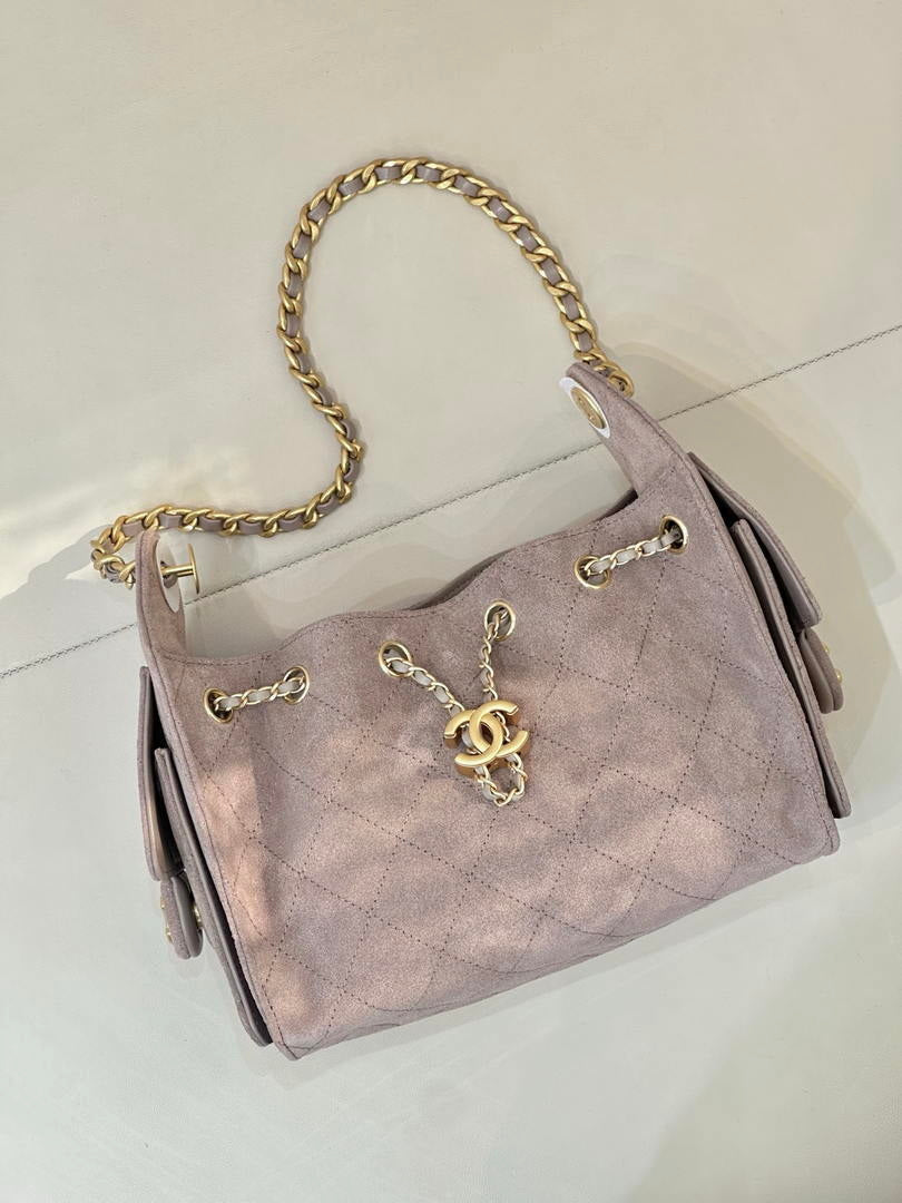 Chanel AS5631 Mini Hobo Suede & Gold-Tone Metal Haze Gray