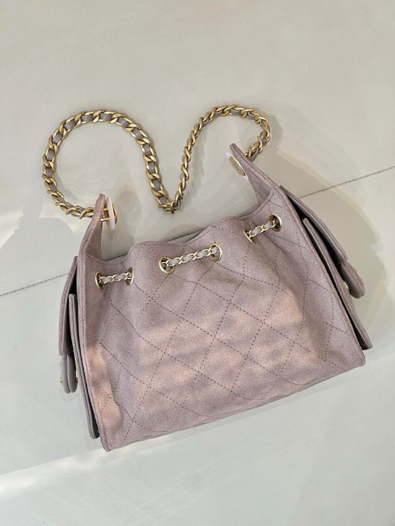 Chanel AS5631 Mini Hobo Suede & Gold-Tone Metal Haze Gray