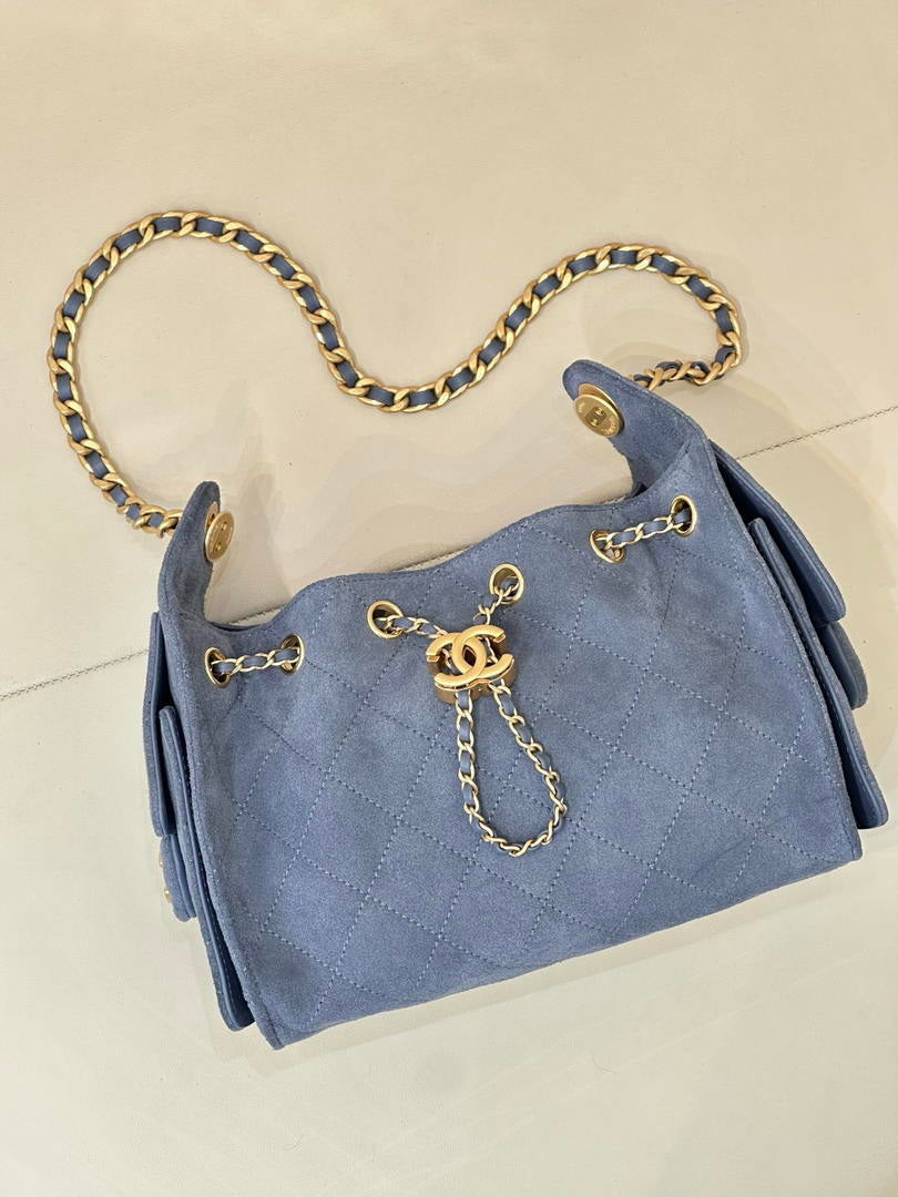 Chanel AS5631 Mini Hobo Suede & Gold-Tone Metal Haze Blue