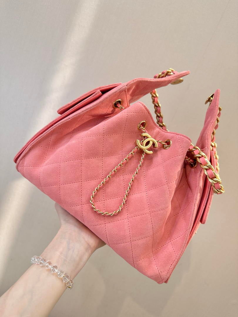 Chanel AS5631 Mini Hobo Suede & Gold-Tone Metal Haze Rose Red