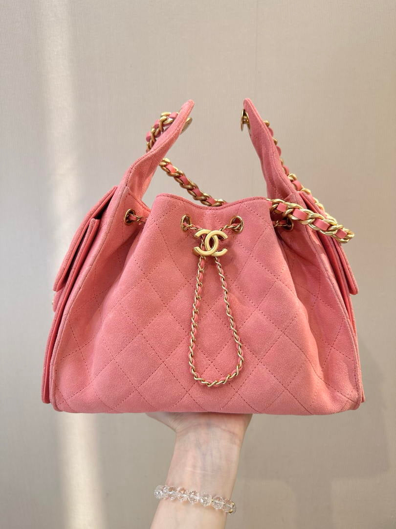 Chanel AS5631 Mini Hobo Suede & Gold-Tone Metal Haze Rose Red