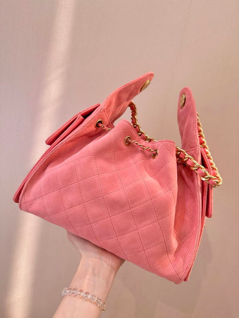 Chanel AS5631 Mini Hobo Suede & Gold-Tone Metal Haze Rose Red