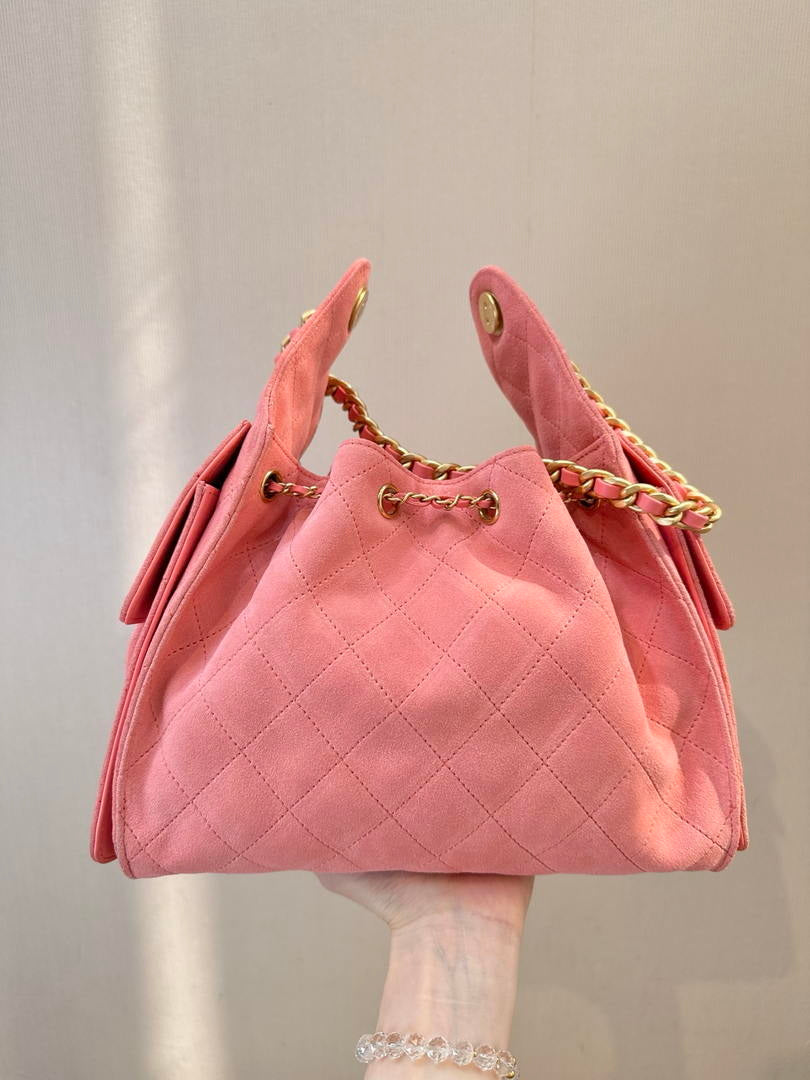 Chanel AS5631 Mini Hobo Suede & Gold-Tone Metal Haze Rose Red