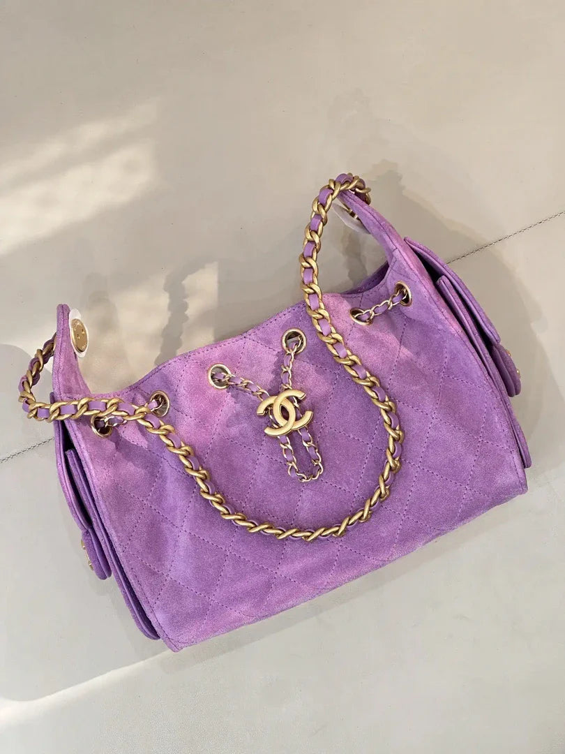 Chanel AS5631 Mini Hobo Suede & Gold-Tone Metal Rose Red Purple