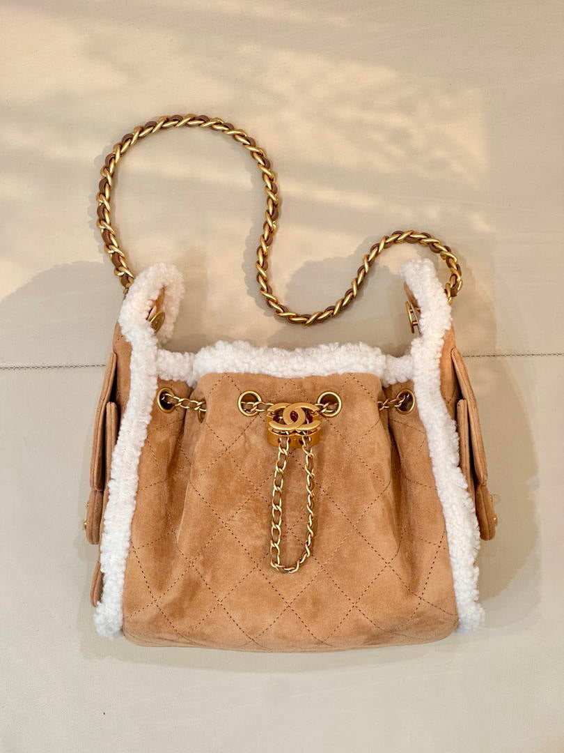 Chanel AS5631 Mini Hobo Suede Shearling Sheepskin & Gold-Tone Metal Tan