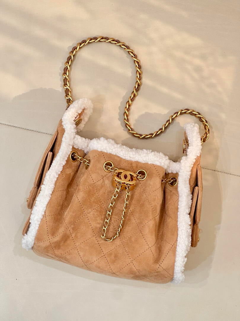Chanel AS5631 Mini Hobo Suede Shearling Sheepskin & Gold-Tone Metal Tan