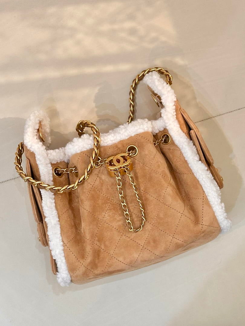 Chanel AS5631 Mini Hobo Suede Shearling Sheepskin & Gold-Tone Metal Tan