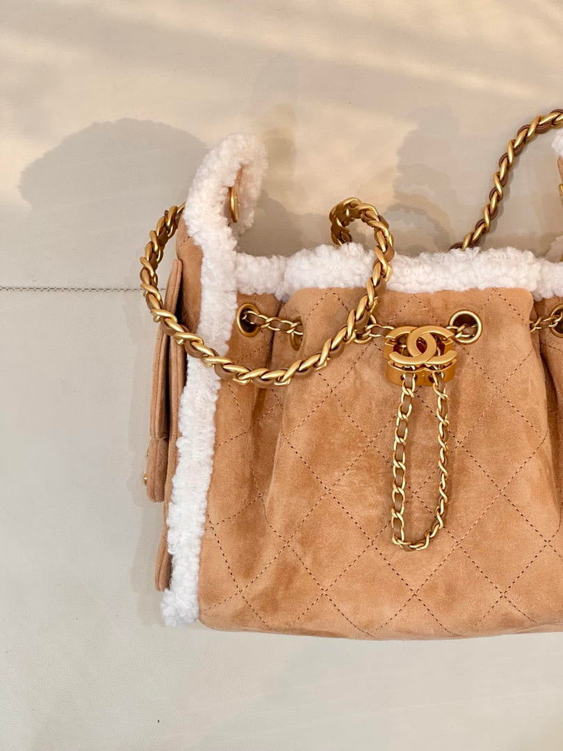 Chanel AS5631 Mini Hobo Suede Shearling Sheepskin & Gold-Tone Metal Tan