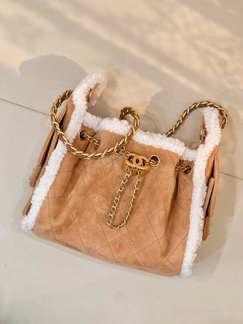 Chanel AS5631 Mini Hobo Suede Shearling Sheepskin & Gold-Tone Metal Tan