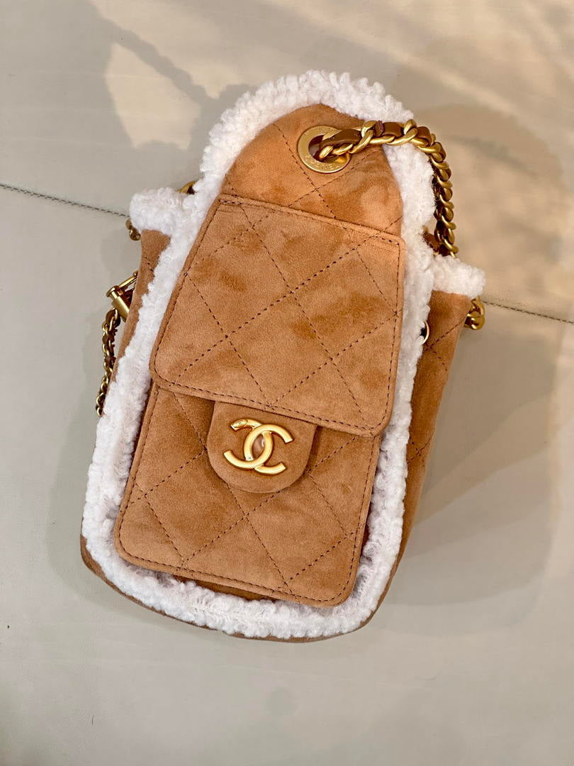 Chanel AS5631 Mini Hobo Suede Shearling Sheepskin & Gold-Tone Metal Tan
