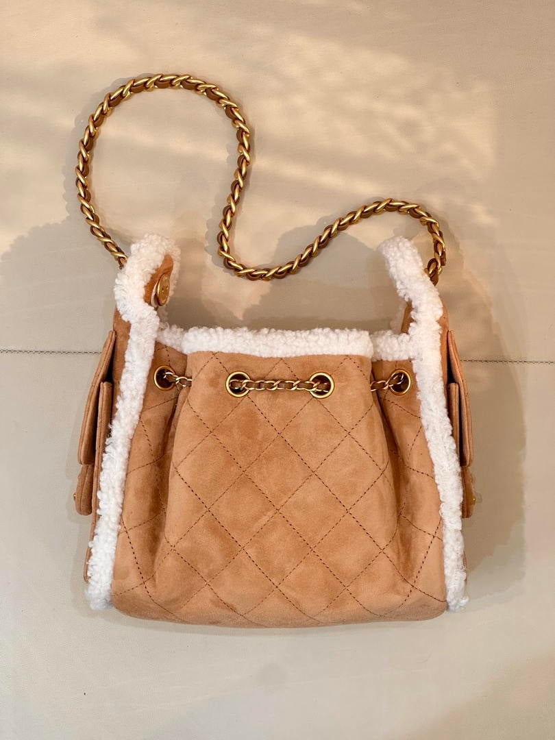 Chanel AS5631 Mini Hobo Suede Shearling Sheepskin & Gold-Tone Metal Tan