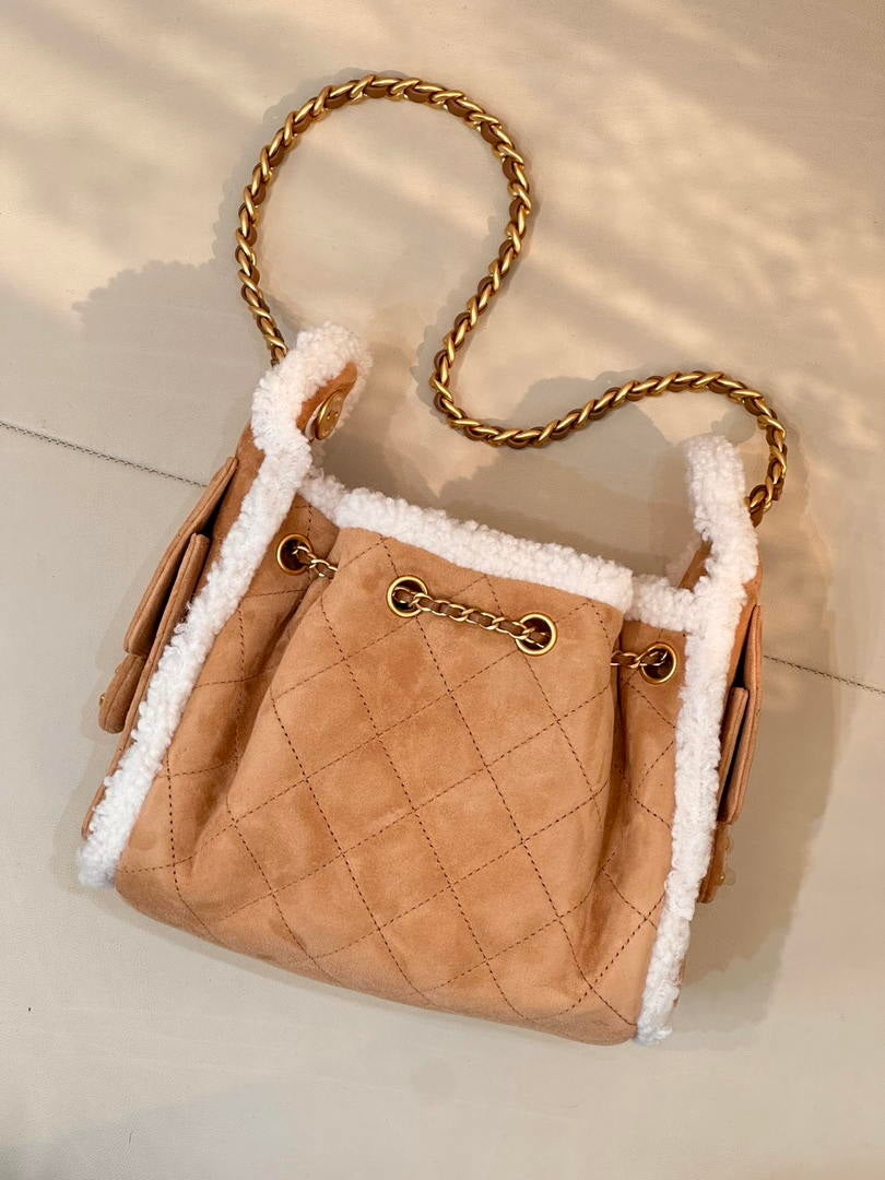 Chanel AS5631 Mini Hobo Suede Shearling Sheepskin & Gold-Tone Metal Tan