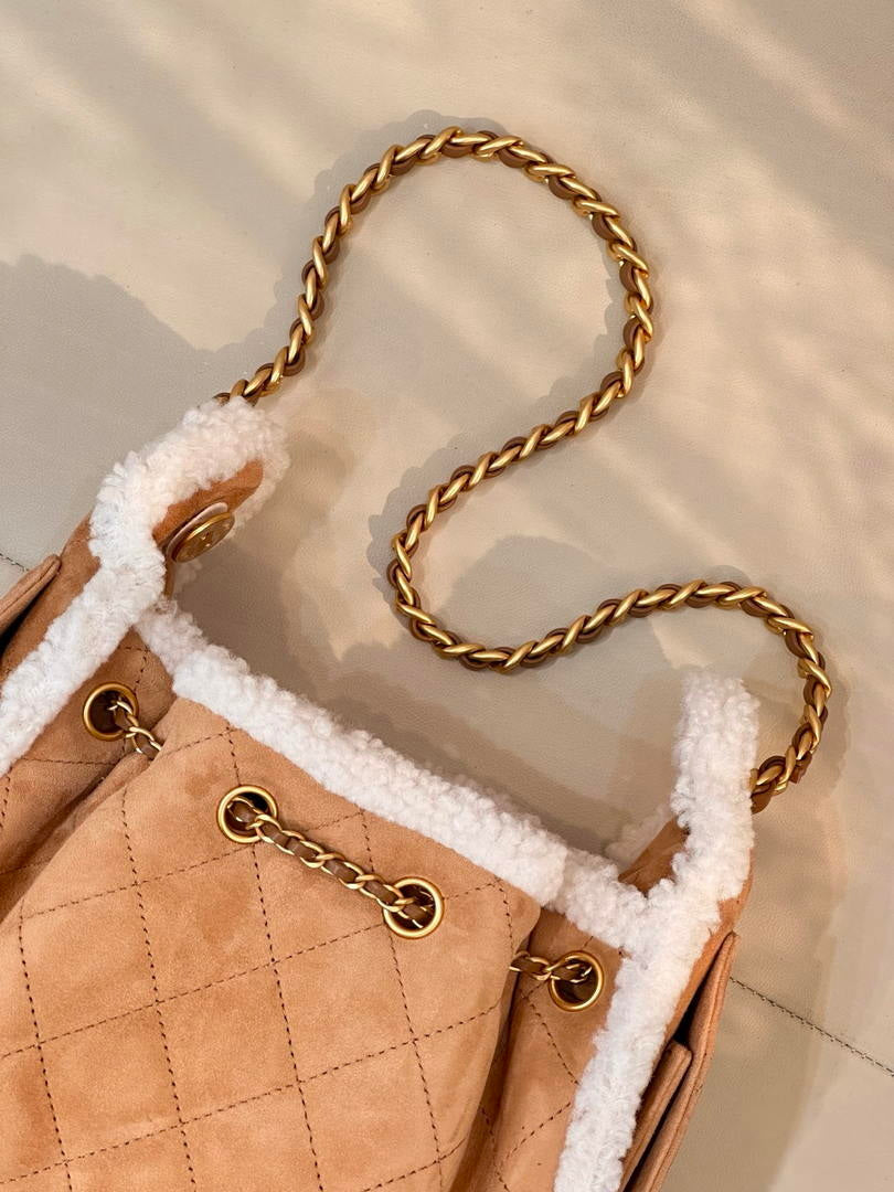 Chanel AS5631 Mini Hobo Suede Shearling Sheepskin & Gold-Tone Metal Tan
