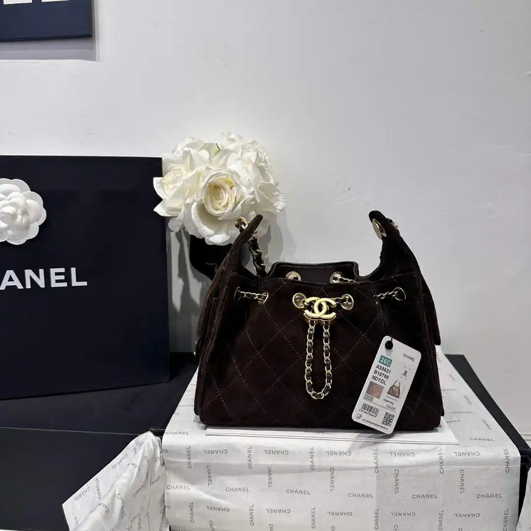 Chanel AS5631 Mini Hobo Velvet & Gold-Tone Metal Brown