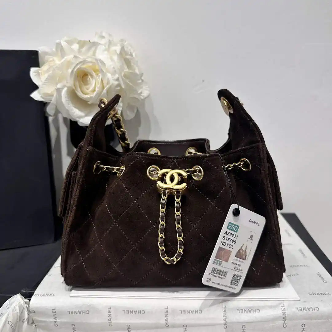 Chanel AS5631 Mini Hobo Velvet & Gold-Tone Metal Brown