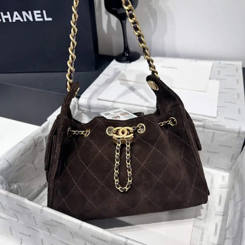 Chanel AS5631 Mini Hobo Velvet & Gold-Tone Metal Brown
