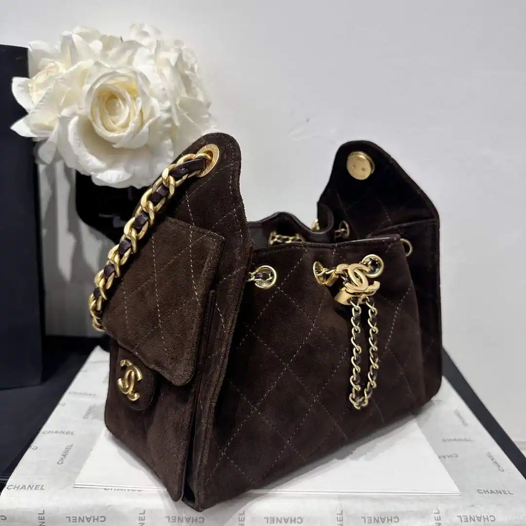 Chanel AS5631 Mini Hobo Velvet & Gold-Tone Metal Brown