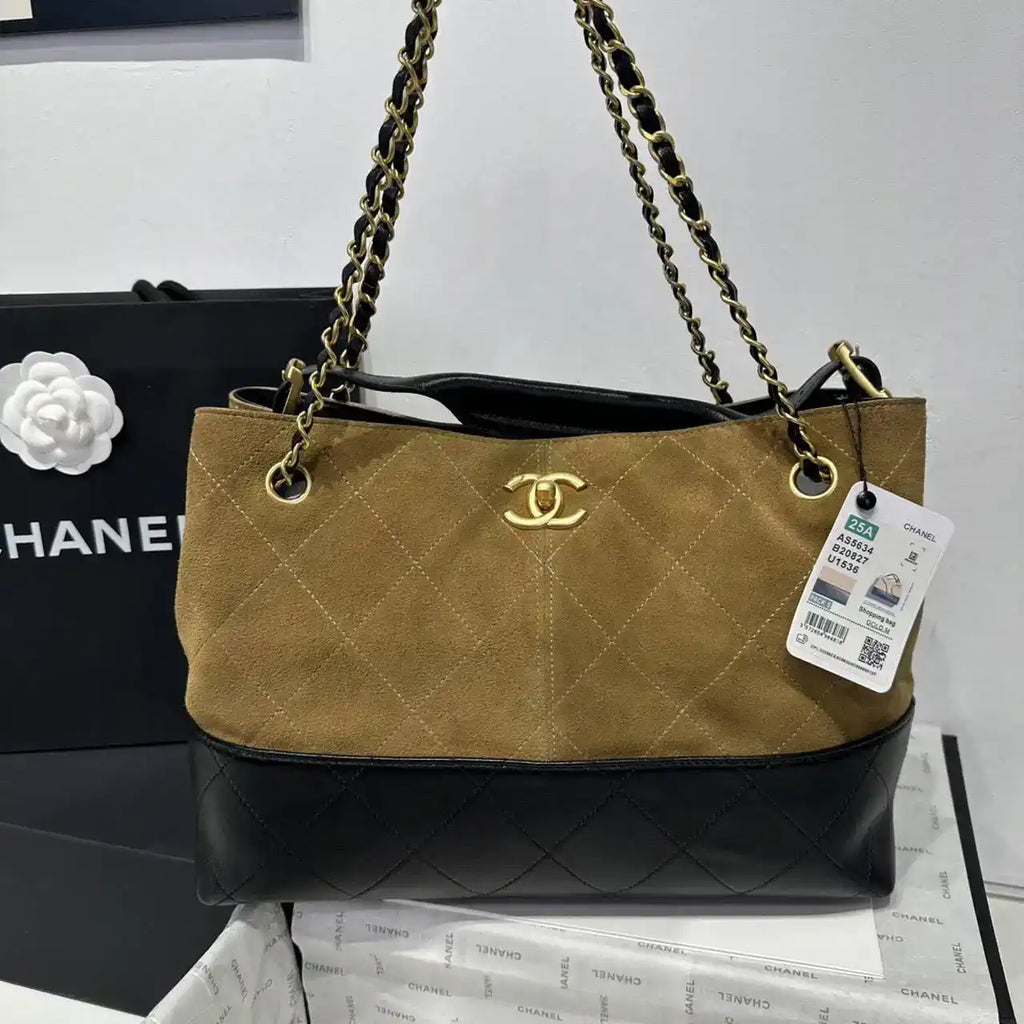 Chanel AS5634 Small Shopping Bag Suede Calfskin Shiny Lambskin Beige & Black